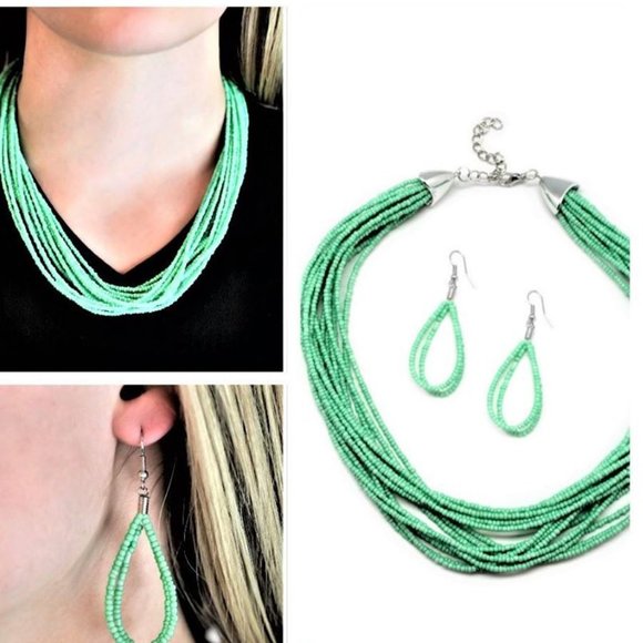 Green Glass Seed Bead Necklace and Earring Set - Picture 1 of 1